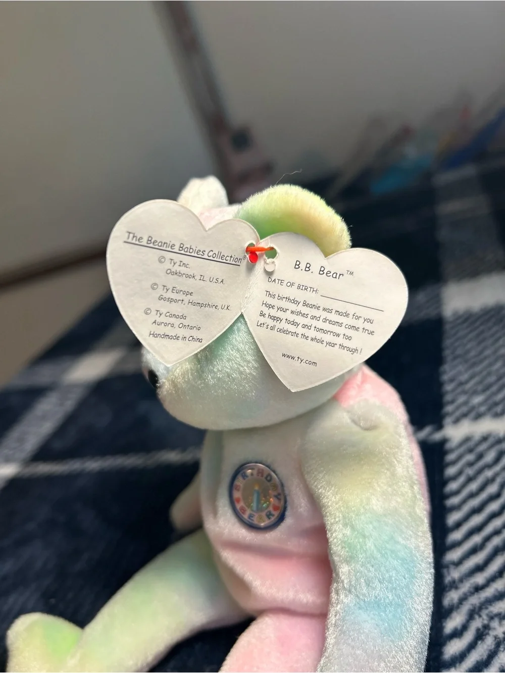 Ty Pastel Multicolor Beanie Baby Bear ‘B.B. Bear’ Plush with Embroidered Badge